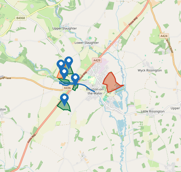 Countryside scheme land around Bourton-on-the-Water. Green fields are available to select, the orange field is already in an agreement, the blue strip is the River Windrush 6 metre buffer, and the red hatched area east of the village is Salmonsbury Meadows SSSI