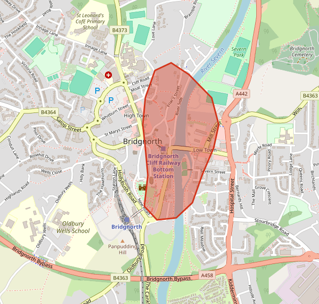 Flood risk area in Bridgnorth Low Town, Shropshire