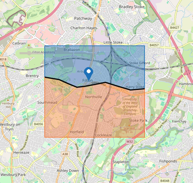 Local authority boundary at Filton Avenue, showing South Gloucestershire to the north, Bristol to the south, and a property in Filton