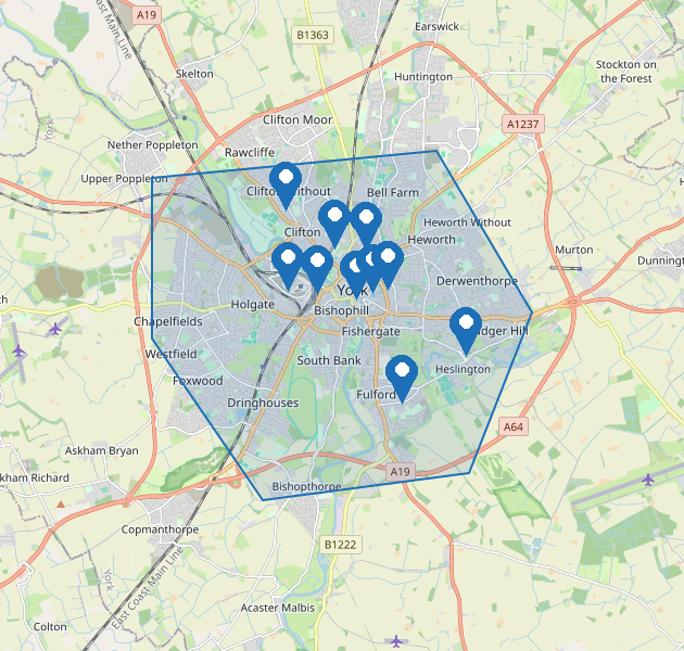 Current and historic planning applications in York, showing the area searched and a pin for each application