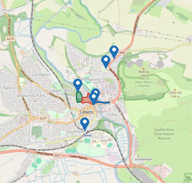 Proposed development at Phoenix Industrial Estate, North Street, Lewes, showing the red line site, wildlife and trees along the River Ouse, and the construction access on Phoenix Causeway