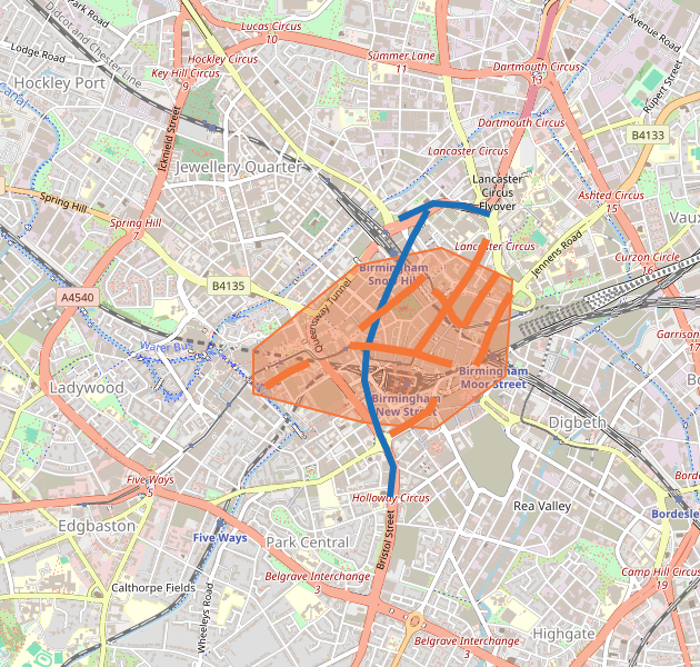 Proposed city centre 20 miles per hour zone in Birmingham, with roads where the speed limit is changing highlighted in orange and the A38 strategic routes in blue