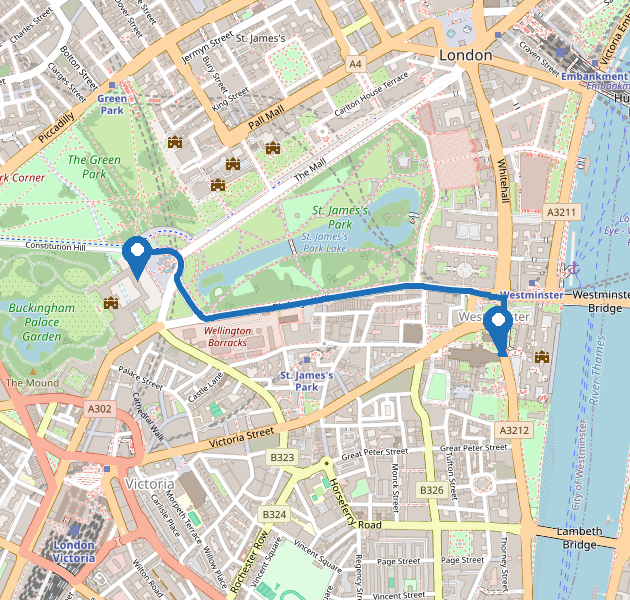 Walking route from Buckingham Palace to Westminster Abbey