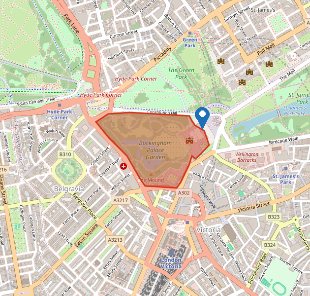 Registered title extent for Buckingham Palace, showing the palace buildings and private gardens edged in red
