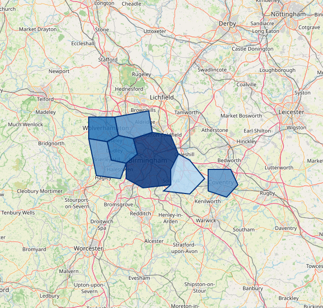 Bus journeys per person in 2024 for the 7 West Midlands metropolitan boroughs, shaded from light blue to dark blue